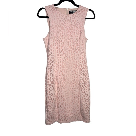 Karl Lagerfeld Light Pink Pencil Dress Rosette Cut Out Overlay Zip Closure SZ 4 - Picture 1 of 14